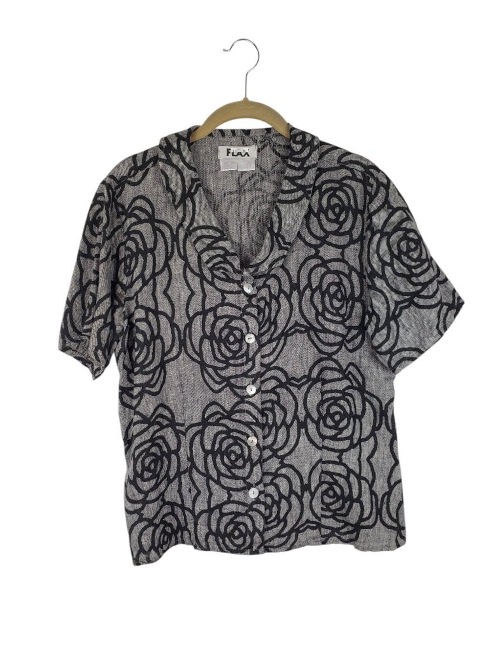 Flax Short Sleeve Button Up Shirt Gray Rosette Floral Linen Womens Small